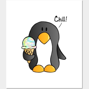 Chill! - Penguin with Rainbow Swirl Ice Cream Posters and Art